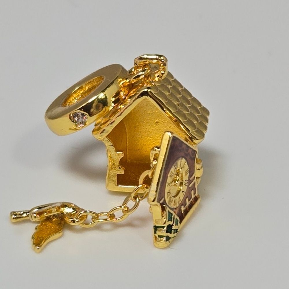 Golden Cuckoo Clock Charm Pendant Openable Swiss Inspired Enamel Bracelet Charm